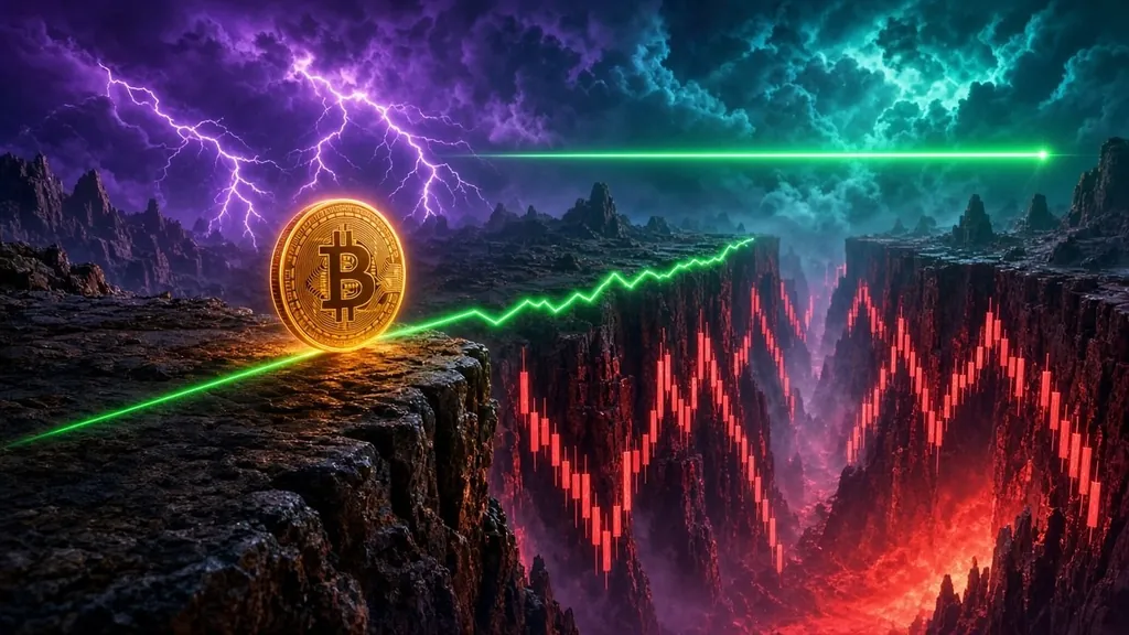 Bitcoin support and resistance levels: a gold coin balanced on a glowing emerald line across black marble