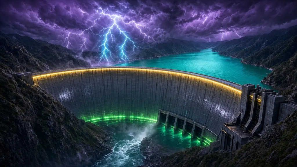 A curved dam holding back a glowing teal reservoir with gold and green light lines marking its top and base