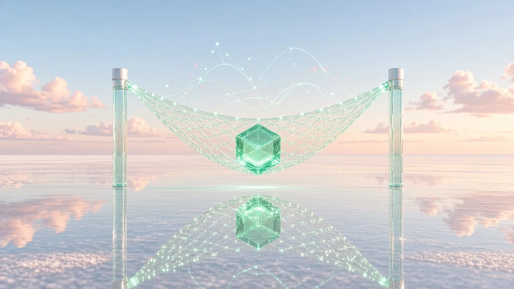 A glowing glass safety net catching a mint green glass data cube on a bright mirror salt flat at soft coral sunset