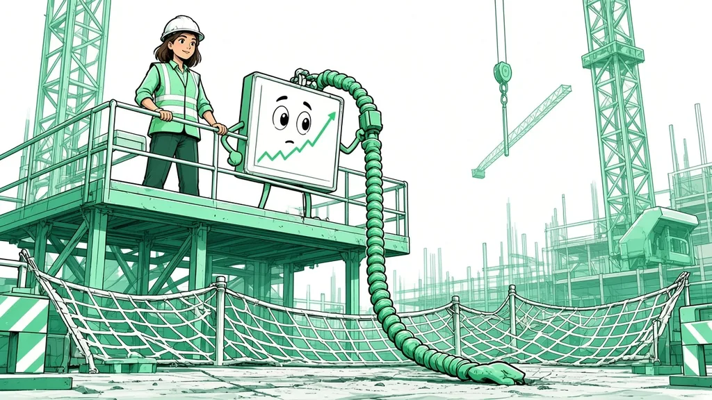 A construction worker in a hard hat and a worried cartoon chart-screen character stand on a scaffold above a safety net and a coiled green cable, drawn in mint-green ink lines