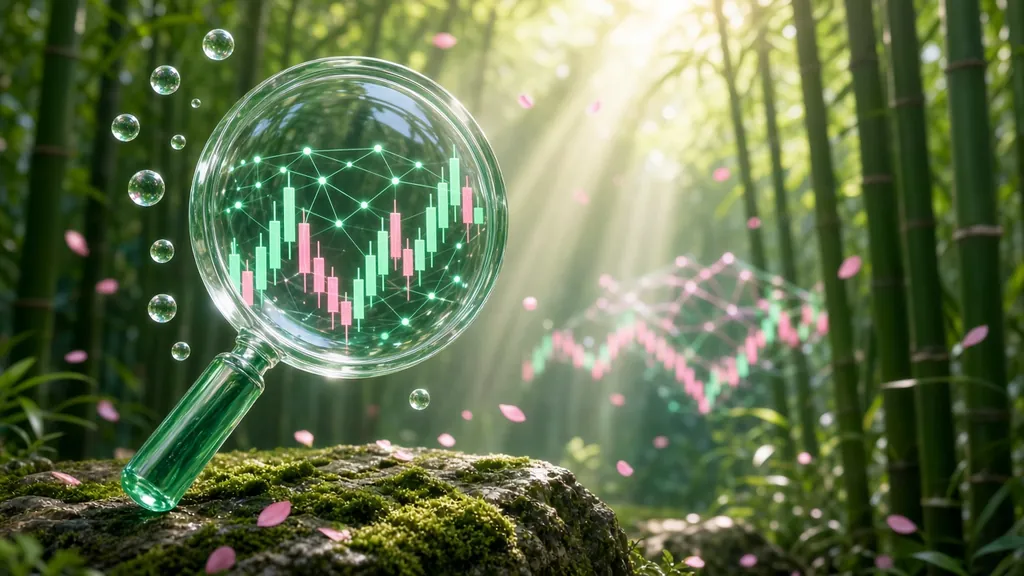 A giant crystal-clear glass magnifying lens on a mossy stone in a sunlit bamboo grove magnifying glowing holographic candlestick charts and a blockchain node network while pink blossom petals drift by