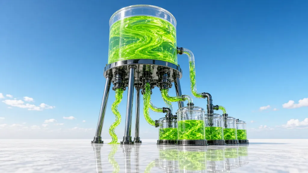A tall transparent glass water tower on chrome legs standing on a bright white salt flat with glowing lime-green liquid flowing out through glass pipes into smaller tanks