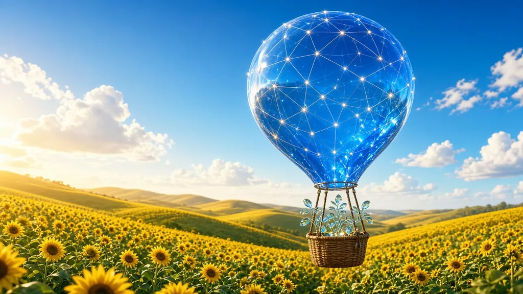 A transparent cobalt-blue glass hot air balloon etched with glowing blockchain node lines carrying a wicker basket of glowing glass saplings over rolling sunflower hills on a sunny morning