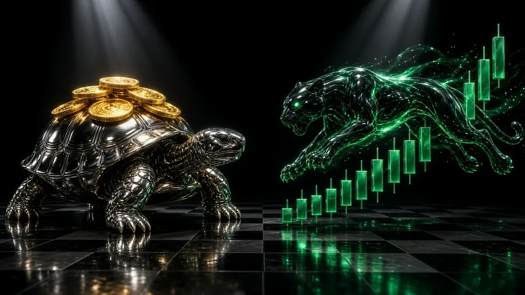 Crypto investing vs trading: a steel tortoise carrying gold coins beside a glowing green panther leaping over rising candlesticks