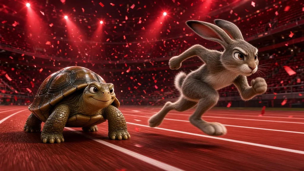 A smiling tortoise and a sprinting hare racing on a red stadium track with confetti