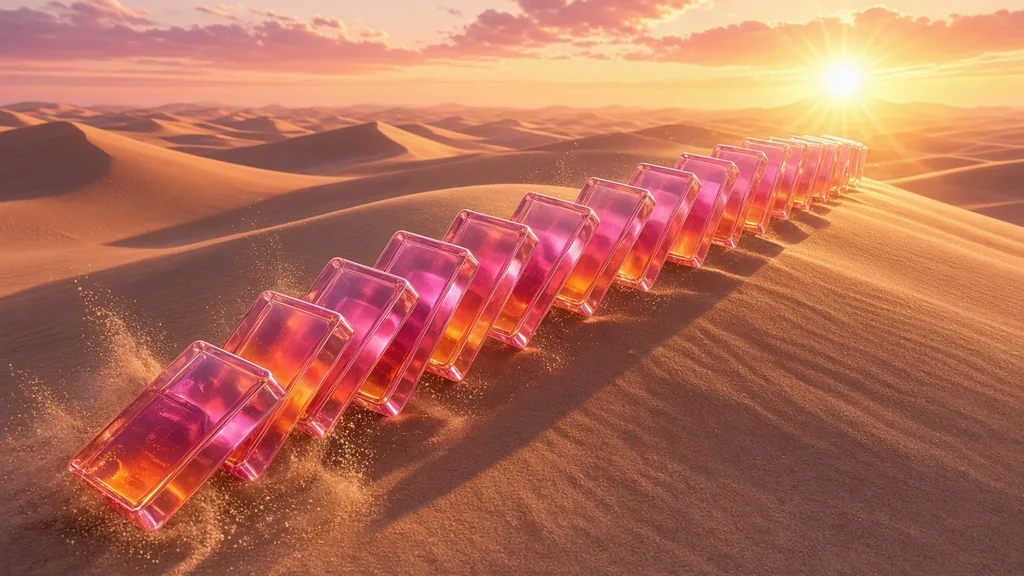 A winding line of glowing glass dominoes toppling one after another across desert dunes at sunrise
