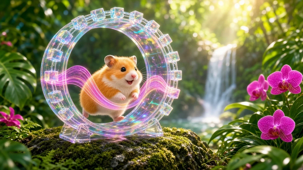 Fluffy ginger and white hamster running inside a translucent iridescent glass wheel rimmed with glowing glass data cubes, a holographic magenta wave rising and falling through it like a market cycle, on a mossy rock in a sunlit jungle clearing with a waterfall and magenta orchids
