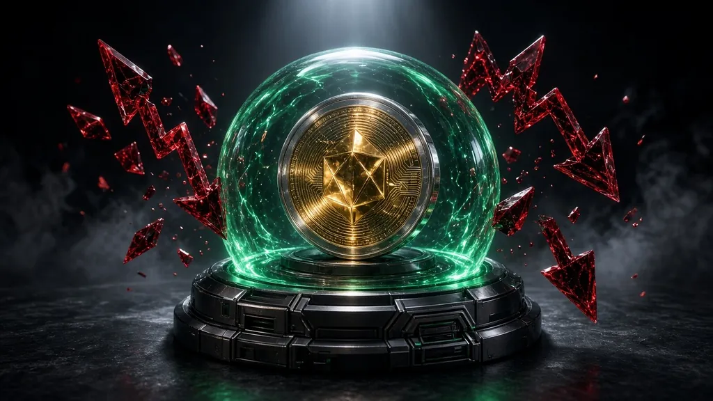 Crypto risk management for beginners: a gold coin protected inside a glowing green shield while red downward arrows shatter around it