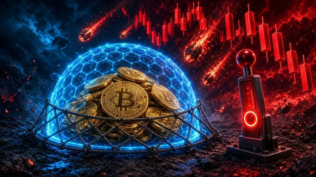 Crypto risk management for beginners: a gold coin protected inside a glowing green shield while red downward arrows shatter around it