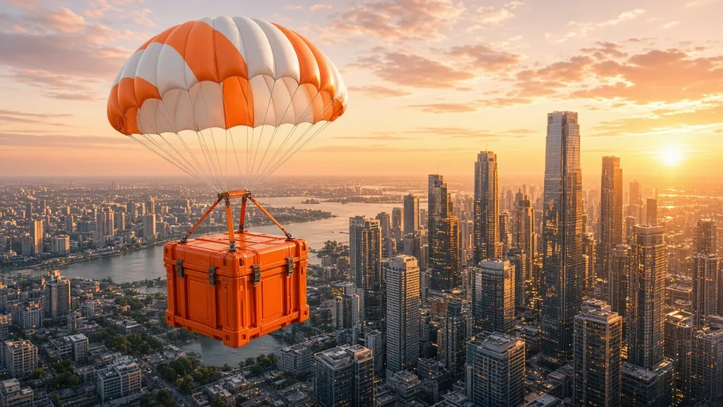 An orange and white parachute lowering an orange crate over a golden-hour city skyline