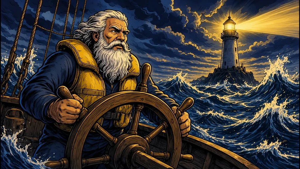 A bearded old sea captain grips a wooden ship's wheel in a storm as huge waves crash and a lighthouse beam cuts through the dark, in navy and yellow