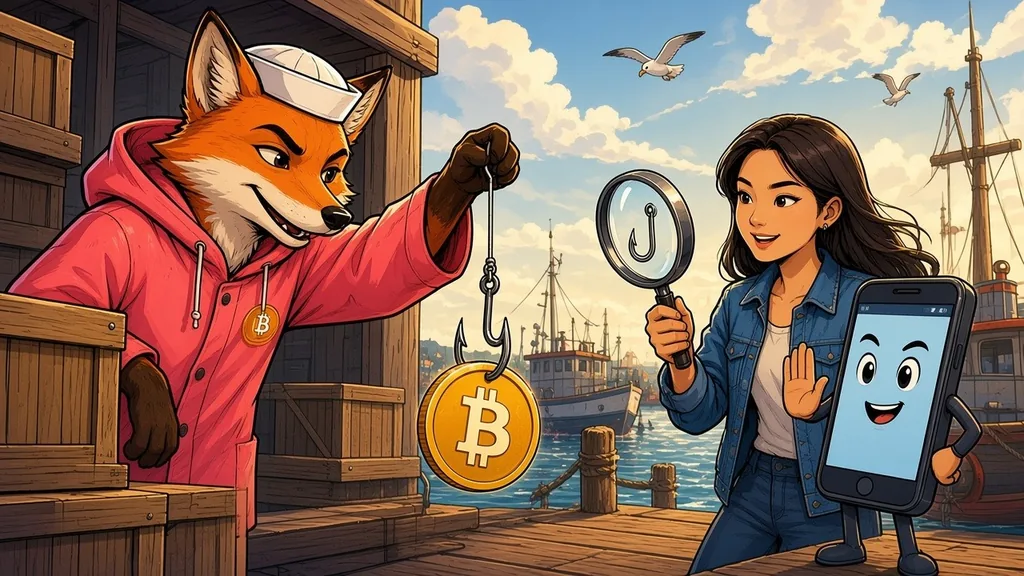 A sly fox angler in a coral pink raincoat on a sunny harbor pier dangles a Bitcoin coin on a hook while a young woman in a denim jacket spots the hook through a magnifying glass and raises a stop hand beside a friendly smartphone character
