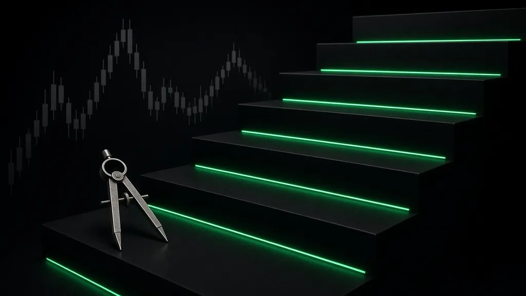Crypto trading for beginners: a matte-black staircase with emerald-lit step edges and a steel drafting compass on the first step, with a faint steel candlestick chart behind it