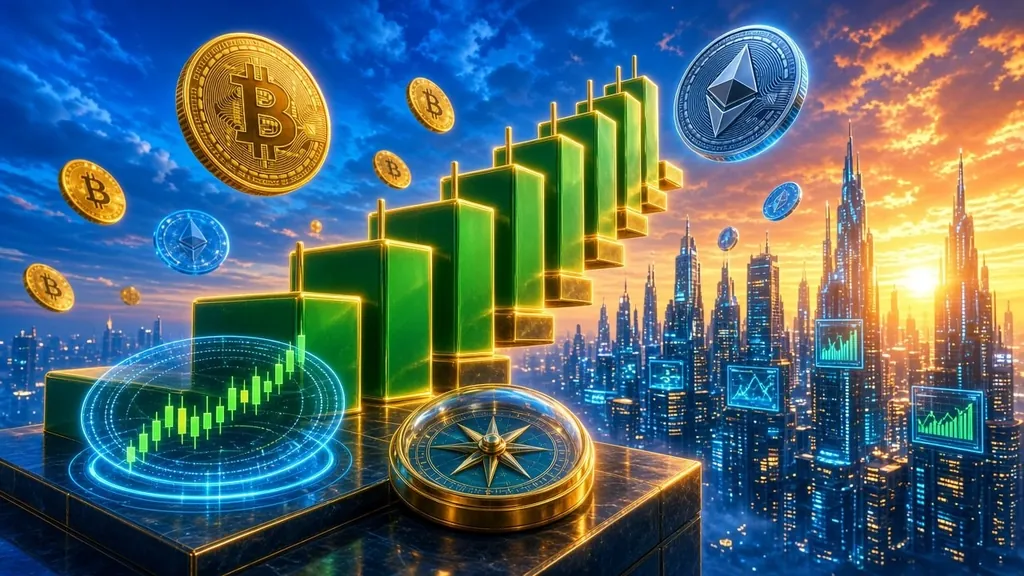 Crypto trading for beginners: a matte-black staircase with emerald-lit step edges and a steel drafting compass on the first step, with a faint steel candlestick chart behind it