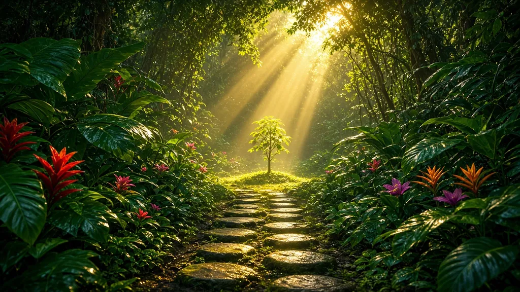 A stepping stone path through a sunlit jungle leading to a glowing young sapling