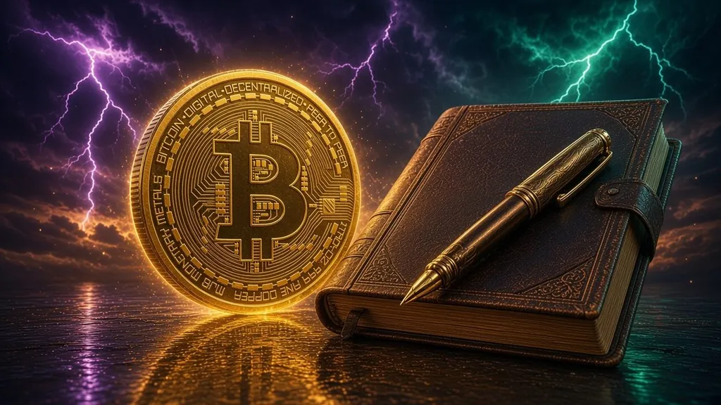 Crypto trading journal: a gold Bitcoin beside an open leather journal and brass pen on wet reflective ground under purple and teal lightning