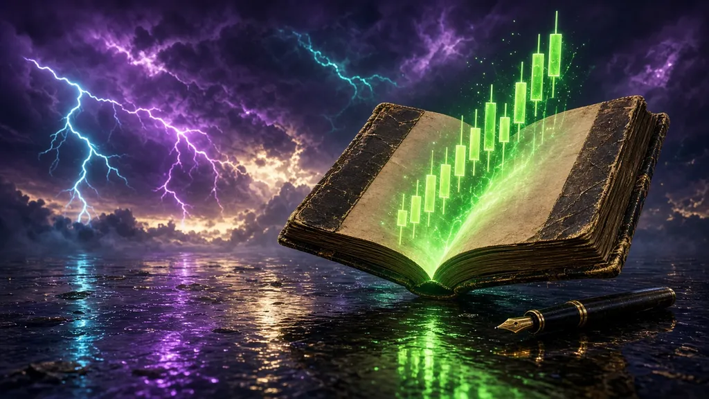 An open leather trading journal with glowing green candlesticks rising from its pages and a fountain pen