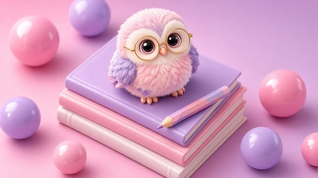 A fluffy pink owl in round glasses sitting on a stack of pastel notebooks with a pencil