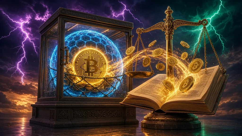 Crypto taxes when you don't sell: a chrome coin sealed under a glass dome on a glowing steel pedestal between stacks of dark steel ledger plates