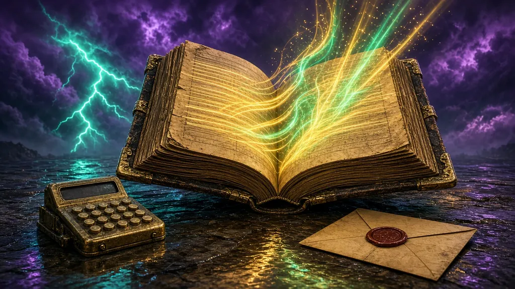 An antique ledger with glowing gold lines rising from its pages beside a calculator and sealed envelope