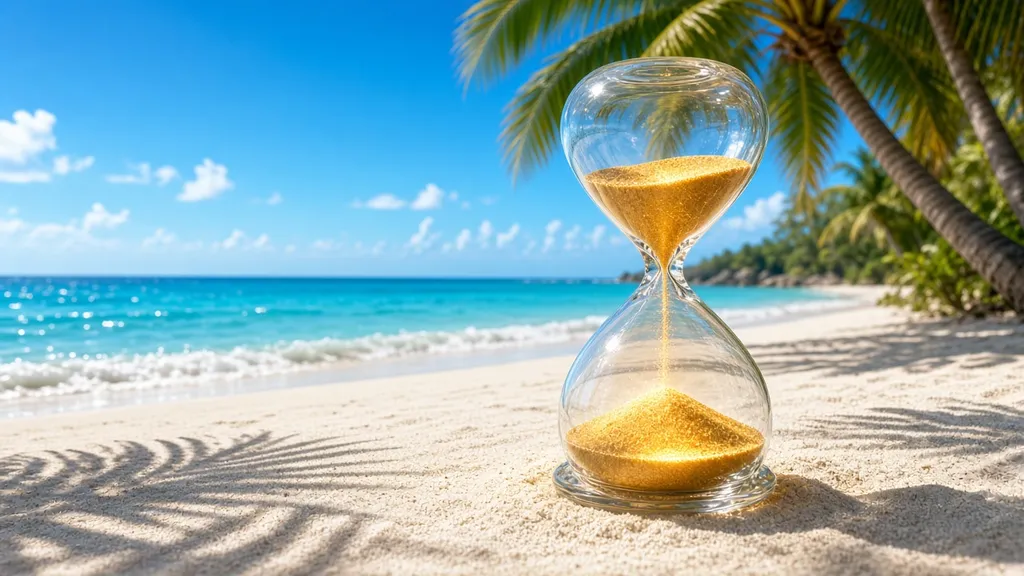 A glass hourglass of golden sand on a sunny tropical beach with turquoise water