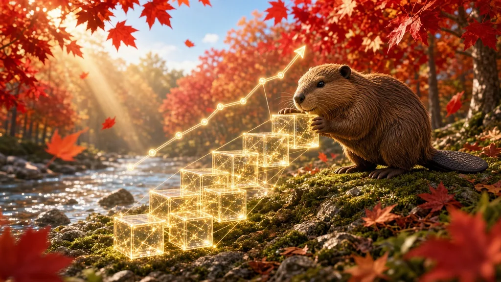 A cute beaver on a mossy riverbank placing a glowing glass data cube on top of a rising staircase of glass cubes linked by glowing node lines under a holographic rising chart line in a sunny autumn maple forest by a sparkling river