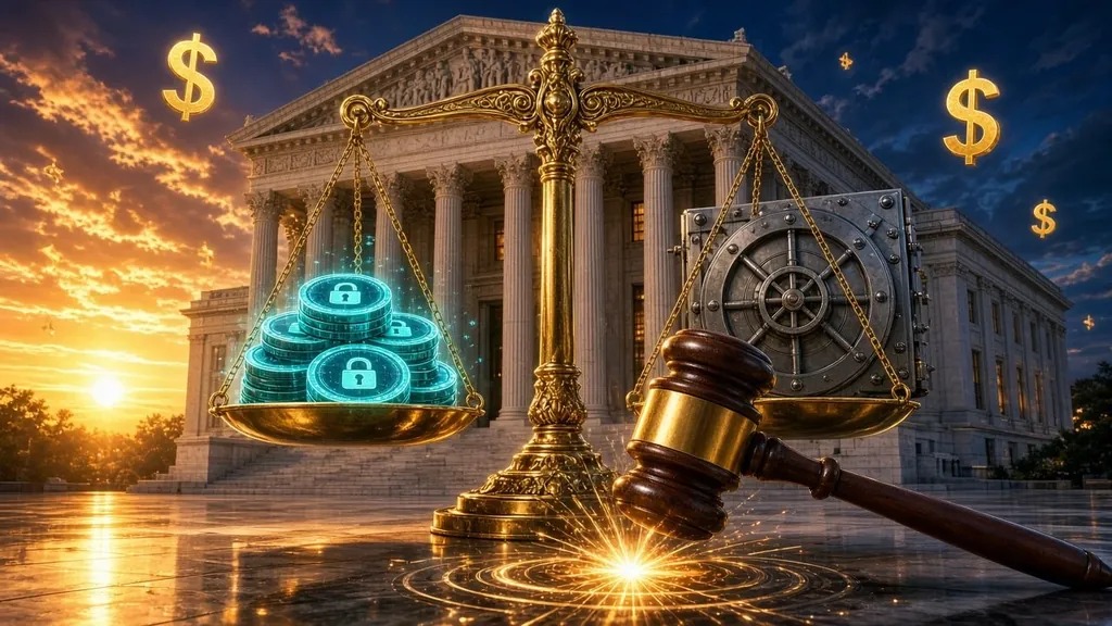 GENIUS Act stablecoin rules: a polished steel balance scale held level on a matte-black plinth, with a stack of blank chrome coins on one pan and a black reserve vault block with emerald seams on the other