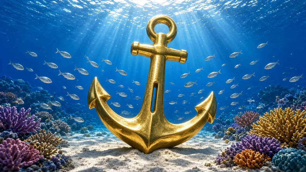 A golden anchor resting on a sunlit seabed among coral and silver fish