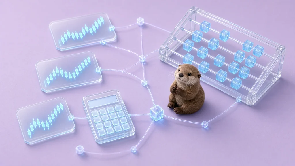 A cute sea otter on a pastel lilac studio floor beside a crystal-clear glass abacus with glowing sky-blue data cube beads, glass cards showing holographic candlestick charts and a glass calculator linked by glowing blockchain node lines
