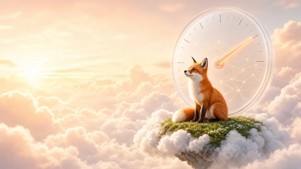 A red fox sitting on a sunlit floating cloud island beside a giant glass pressure gauge with a glowing apricot needle and blockchain node lines under a peach sunrise sky