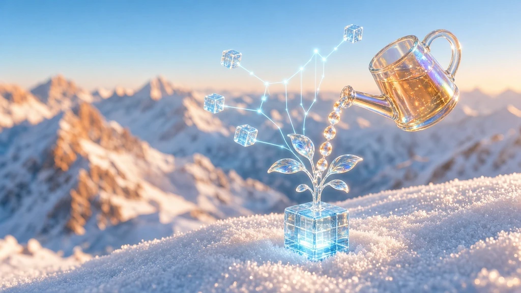 Iridescent glass watering can pouring glowing light droplets onto a glass sapling growing from a glowing ice-blue data cube, node lines linking small floating cubes, on a sunny snowy mountain summit