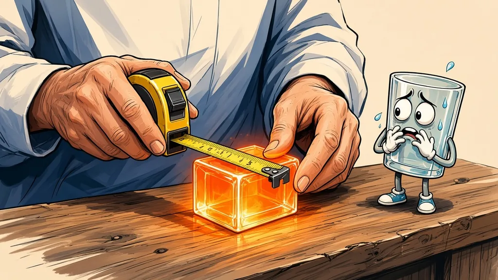 Two hands use a yellow tape measure on a glowing orange cube on a wooden bench while a nervous glass-of-water character watches