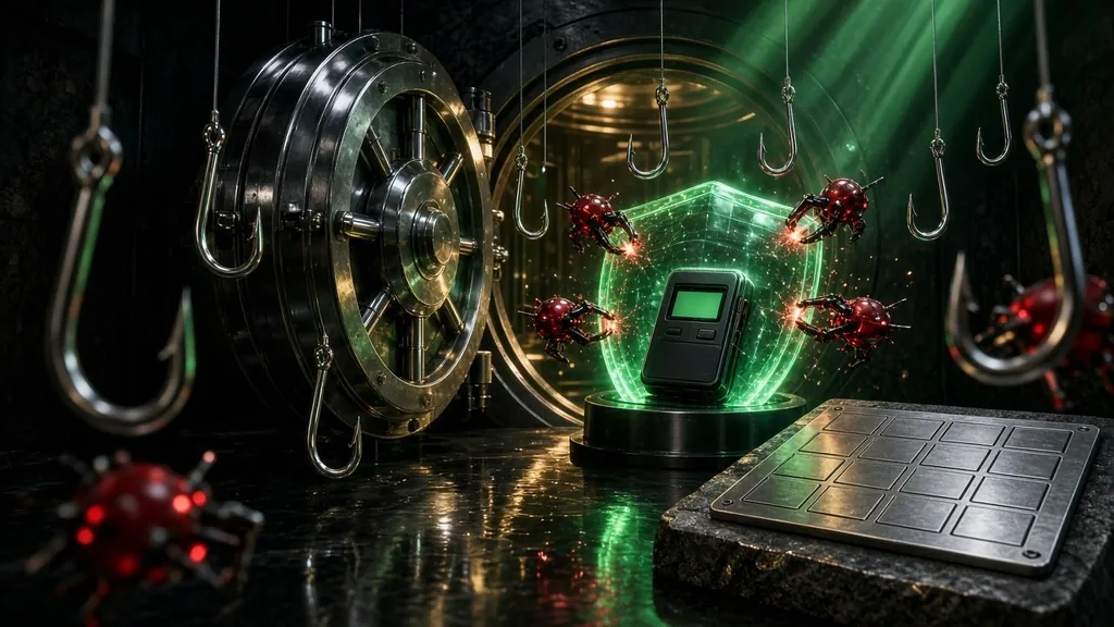 How to keep crypto safe: a black hardware wallet glowing inside an emerald shield in an open steel vault, with chrome fishing hooks and red phishing drones bouncing off the shield and a blank metal seed backup plate in the foreground