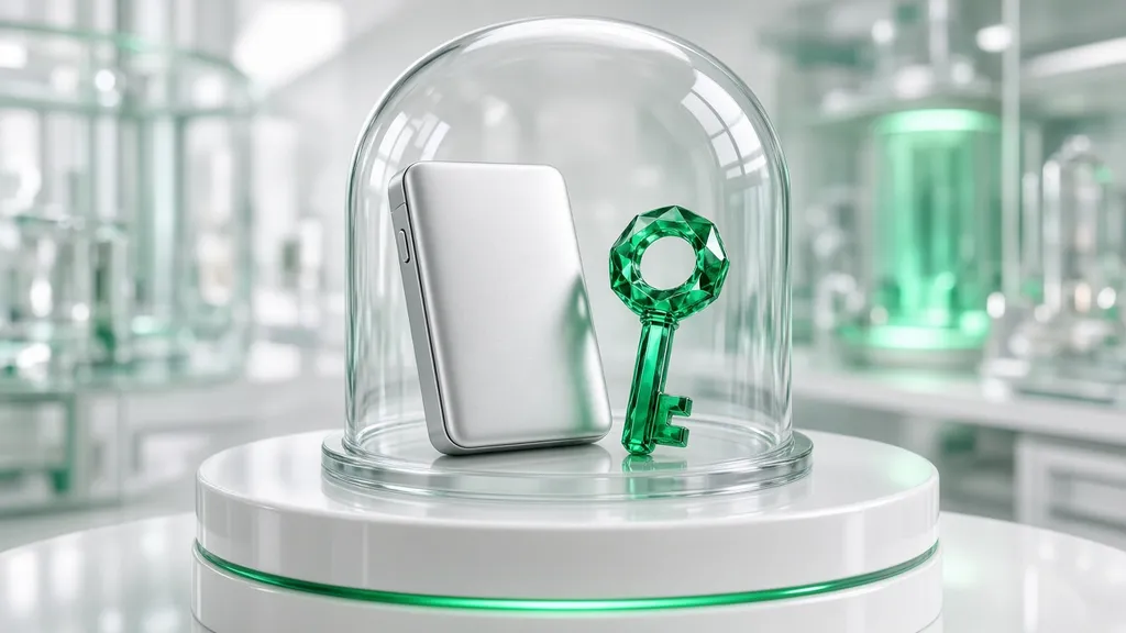 A hardware wallet and an emerald crystal key under a glass bell jar in a bright white lab