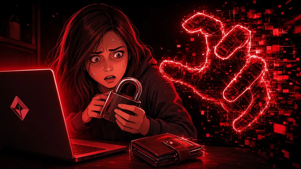 A frightened young woman clutches a padlock beside a wallet at a laptop while a glowing red digital hand reaches out of a swarm of pixels