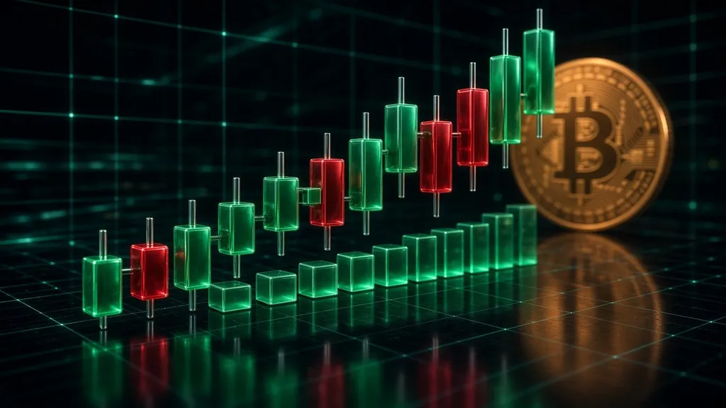How to read crypto candlestick charts: glossy green and red 3D candlesticks climbing over glowing volume bars on a dark glass floor with a bitcoin coin behind them