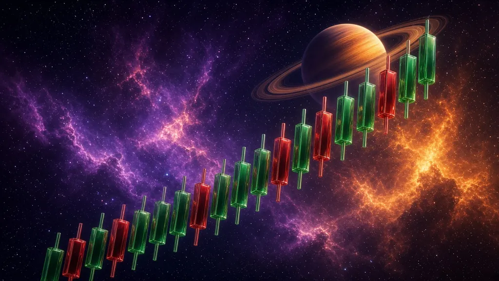 A rising line of green and red glass candlestick bars floating through a violet and orange nebula