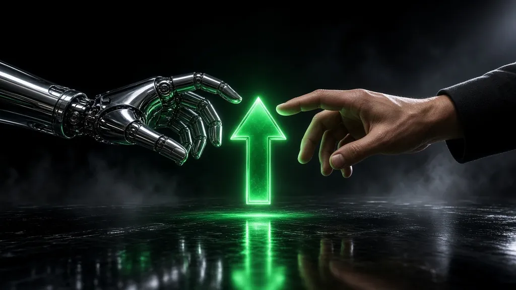 How to use AI for crypto trading: a chrome robotic hand and a human hand reaching toward a glowing green up arrow