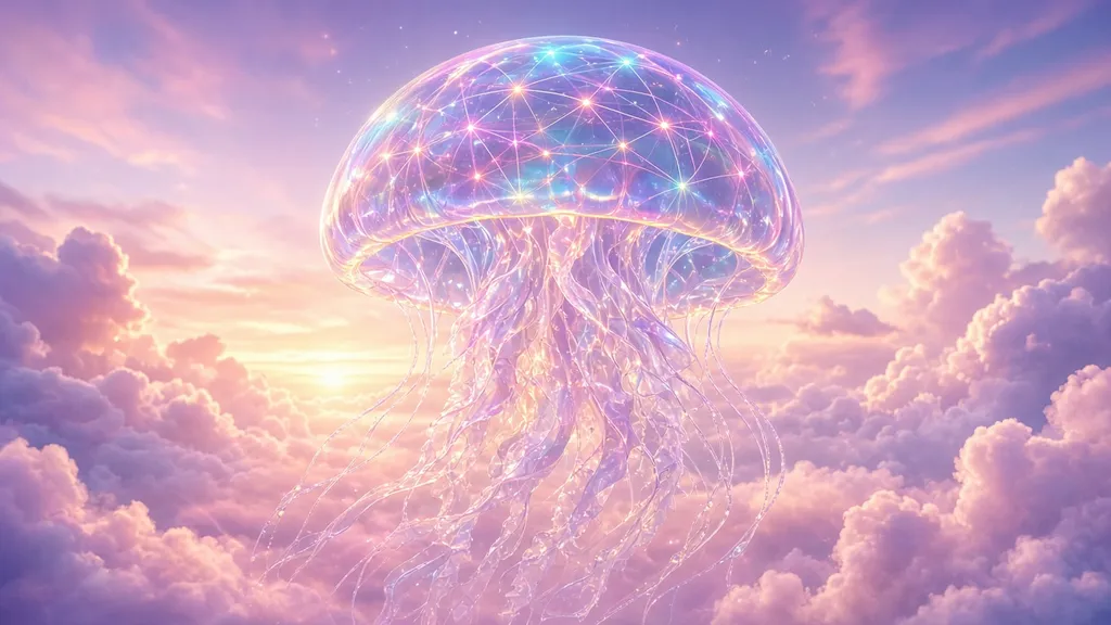 An iridescent neural-network jellyfish drifting above pink and lavender sunrise clouds