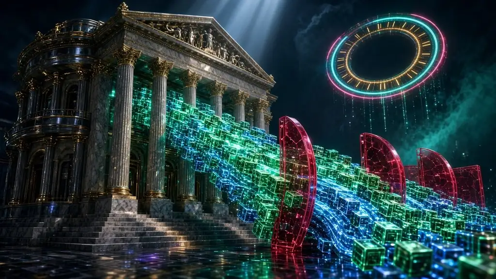 Tokenized stocks: glowing green and blue blockchain cubes stream out of a marble stock exchange building, some stopped by red glass barriers while others flow toward a glowing 24-hour clock ring