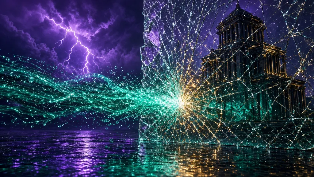 A teal stream of digital tokens hitting a cracked glass barrier in front of a corporate tower