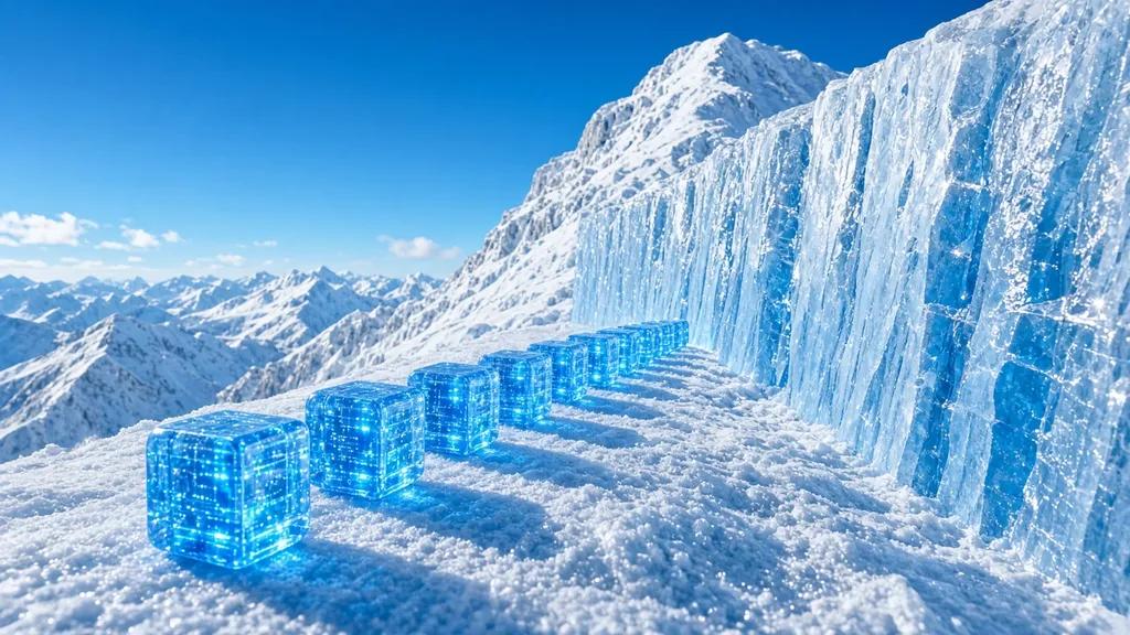 A row of glowing blue data cubes stopped at a towering ice wall on a snowy summit