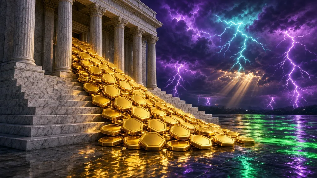 A river of golden tokens pouring down the marble steps of a stock exchange under a purple lightning storm