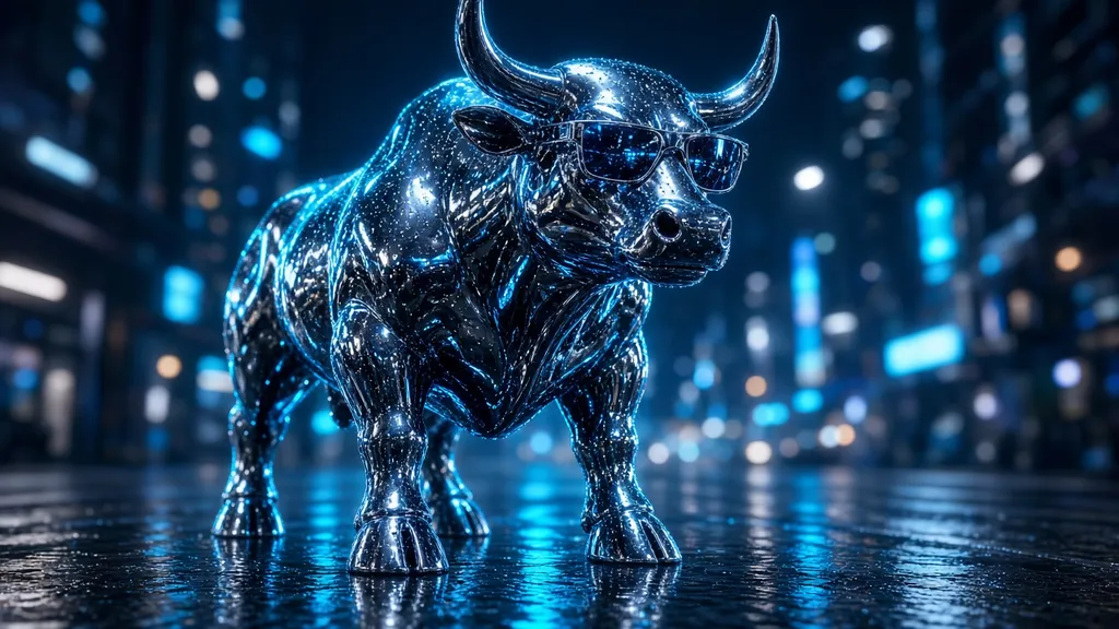A chrome bull wearing sunglasses on a rain-slick neon blue city street at night