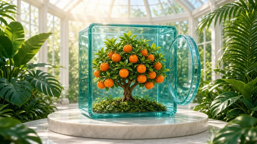 A translucent teal glass vault with its round door open and a tangerine tree heavy with fruit inside, on a marble pedestal in a sunlit greenhouse