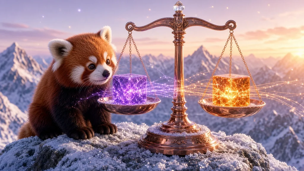 A fluffy red panda on a sunny snowy mountain summit weighing a glowing violet glass cube against a glowing orange glass cube on a polished rose-copper balance scale linked by light trails