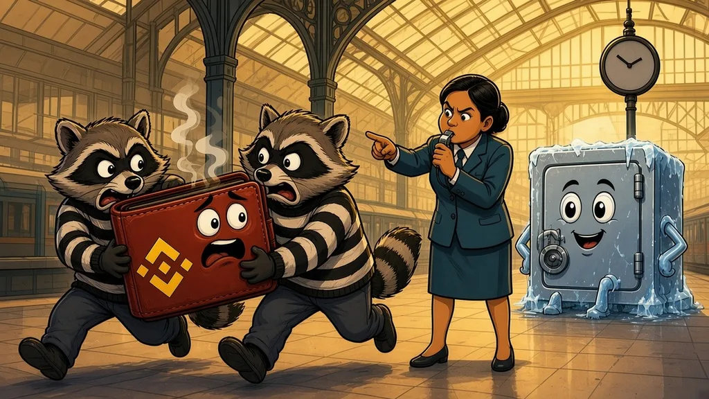 Two masked raccoon burglars run off with a steaming red-hot wallet character wearing the Binance logo while a frosty steel safe character sits untouched and a station guard blows her whistle on a sunny train platform