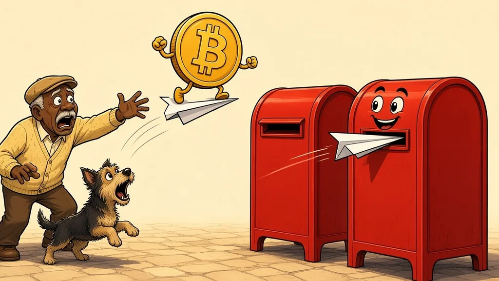 An older man in a cream cardigan and flat cap reaches out in shock as a gold Bitcoin coin character on a paper airplane flies into a grinning look-alike red mailbox in a sunny cobblestone square