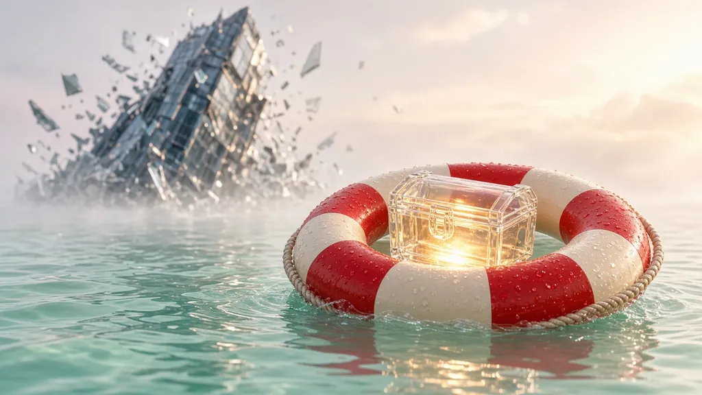 A cherry-red and cream life ring floating on calm mint-green water holding a glowing glass treasure chest while a glass tower crumbles into the misty sea behind it