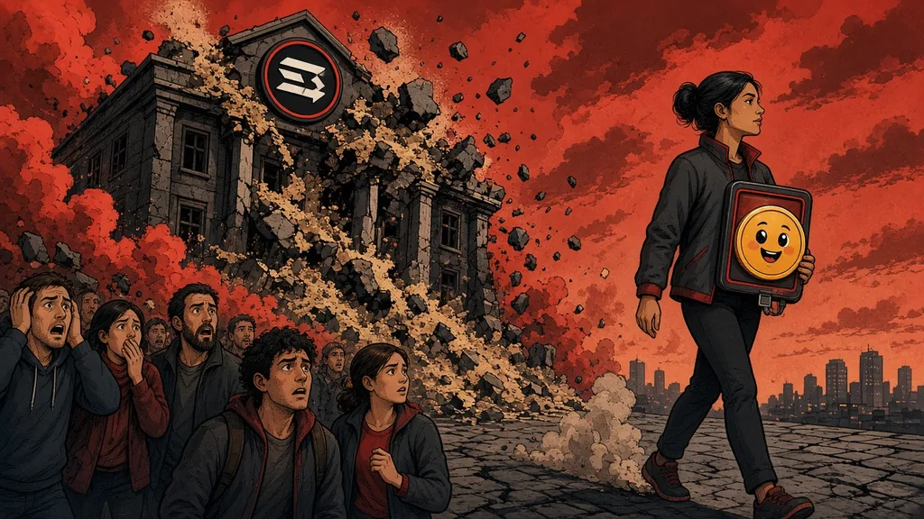 A crowd of worried people watches a bank building crumble under a red sky while a woman walks away carrying a smiling coin character in a protective case